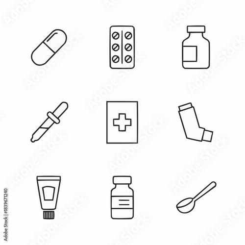 Collection of simple line art icons representing various medical supplies and medications for healthcare