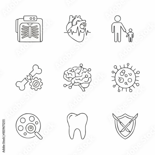 Collection of medical icons representing healthcare specialties and research concepts