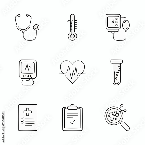 Set of hand drawn medical icons representing healthcare and diagnostic tools