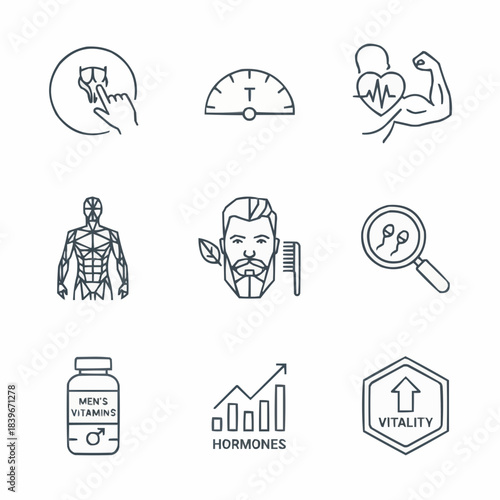 Set of line icons representing men s health and vitality concepts with medical and fitness themes
