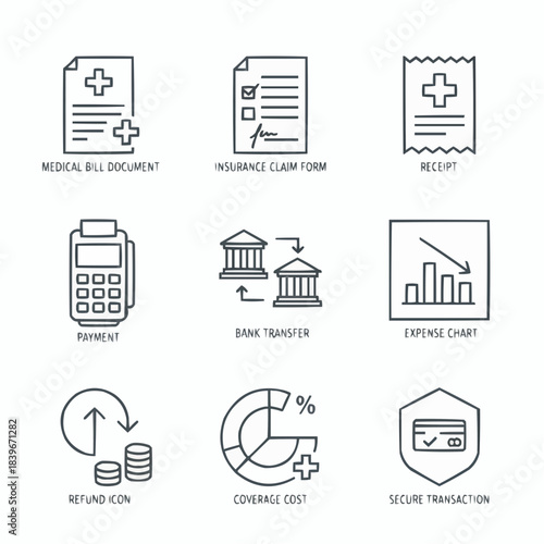 Collection of financial and medical icons representing payment insurance and healthcare costs