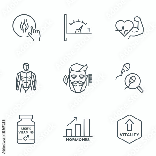 Collection of male health and vitality icons representing hormones fitness and wellness