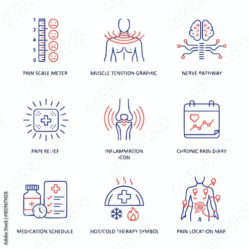 Vector icons of pain management, muscle tension, and therapy on white background