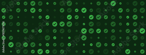Seamless pattern of green checkmark icons in circles on a dark background, representing success, approval, and verification in a digital context