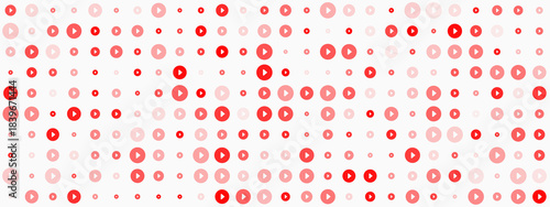 Abstract digital pattern with varying red and pink circles and play button icons, creating a dynamic background for technology and media concepts.