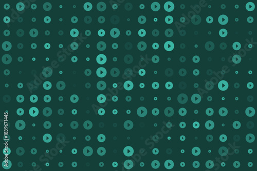 Abstract digital background with varying sized teal and green play button circles creating a modern tech pattern for media and streaming