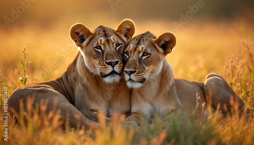 Two lions cuddle in golden light. Lions rest in field of grass. Lion couple shows affection in nature. Wild animal pair shows love and bond on safari.