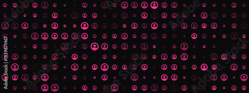 Abstract digital network pattern with glowing pink user profile icons on a dark background, symbolizing online community, data flow, and technology connections.