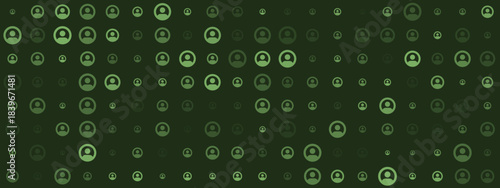 Abstract digital pattern of green user profile icons representing online network, social media users, and global community connections.