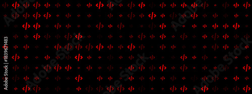Abstract digital background with repeating red code tags pattern on a black screen, symbolizing programming, web development, and data technology.