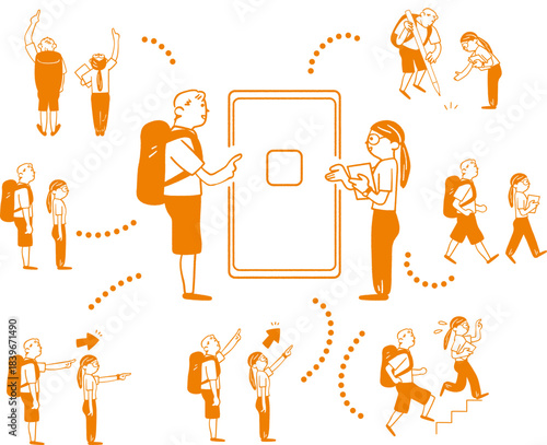 オレンジ色のラインで描かれたインバウンド観光客とガイドがスマホアプリで繋がる観光案内ネットワークのアイコンセット