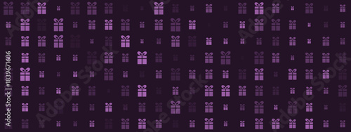 Seamless pattern of purple gift boxes on a dark background, perfect for festive and celebratory designs, digital wallpaper or wrapping paper.
