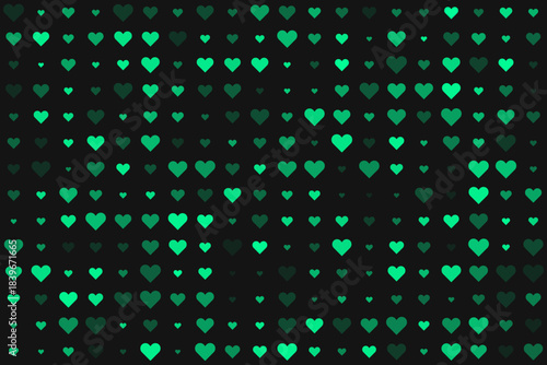 Abstract digital pattern of glowing green hearts on a dark background, perfect for technology, love, or gaming themes.