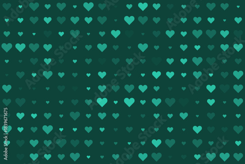 Abstract background pattern featuring numerous teal and green hearts in varying sizes and opacities, creating a romantic and decorative texture.