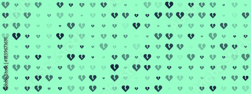 Seamless pattern of broken hearts in various shades of green on a light mint background, symbolizing heartbreak and emotional pain