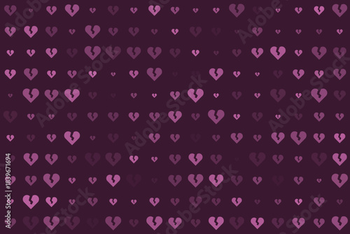 Seamless pattern of broken hearts in varying shades of purple and pink, creating an abstract background symbolizing sadness, heartbreak, and emotional pain.