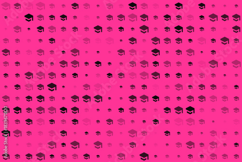 Vibrant pink background with a seamless pattern of stylized graduation caps in varying shades of fuchsia and purple, symbolizing academic achievement and educational milestones.