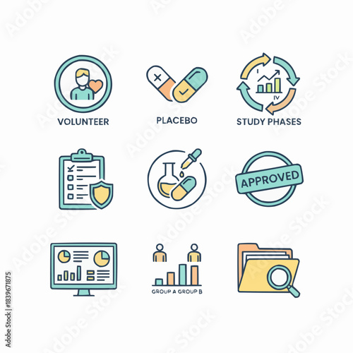 Medical research and study phases icons set for healthcare professionals