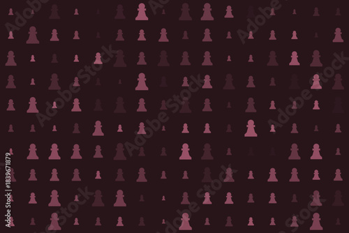 Abstract seamless pattern of chess pawns in varying shades and sizes on a dark background, creating a strategic and geometric design for modern concepts.