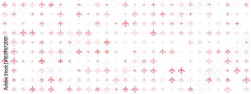 Abstract digital pattern of numerous small pink airplane icons creating a seamless background, symbolizing global travel, aviation, and modern technology.