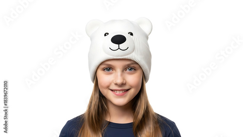 A young girl with a happy smile wearing a polar bear hat