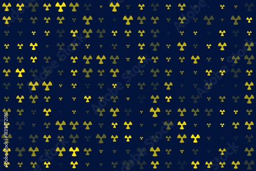 Abstract pattern of yellow radioactive warning symbols on a dark blue background, indicating danger and nuclear energy and technology.