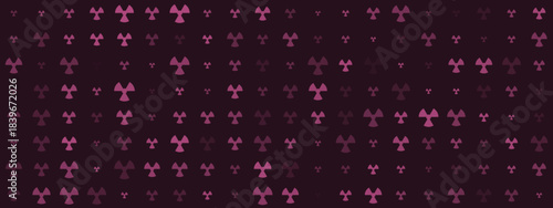 Modern digital graphic featuring a subtle gradient of radioactive warning signs in various sizes and opacities on a deep purple backdrop.