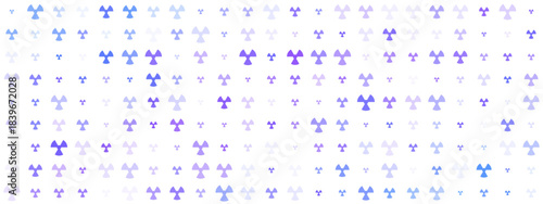 Abstract digital pattern of glowing purple and blue radiation hazard symbols on a dark background, representing danger and technology