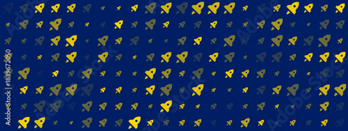 Dynamic pattern of yellow and gold rocket ships launching into a dark blue space background, symbolizing progress and innovation.