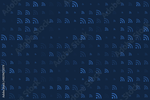 Abstract digital background with a seamless pattern of blue Wi-Fi and RSS signal icons, representing wireless communication, internet connectivity, and modern technology.