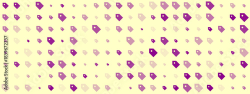 Seamless pattern of varying purple price tags on a light yellow background, ideal for retail, sale, and discount promotions