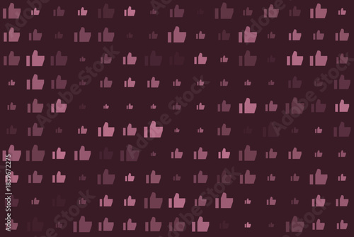 Seamless pattern of pink thumbs up icons on a dark background, representing social media likes, approval, and positive feedback