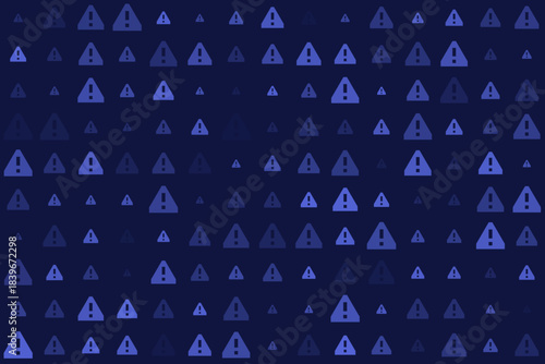 Abstract digital background with a seamless pattern of blue and purple warning triangle icons, symbolizing alerts, errors, and caution in a technological context.