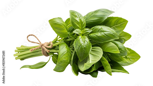 Fresh basil leaves, bundled together with a natural twine, creating a vibrant culinary image