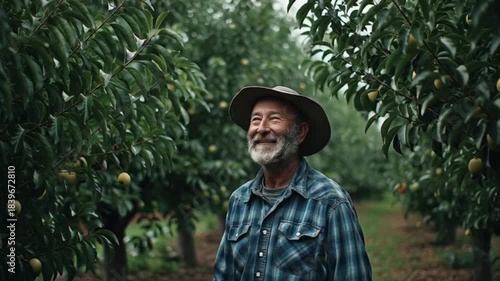 An elderly farmer wearing a straw hat and plaid shirt stands serenely in an orchard surrounded by green trees and yellow fruit, gazing upwards