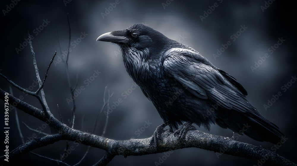 Obraz premium Dark feathered corvid perches upon a bare tree branch in low light