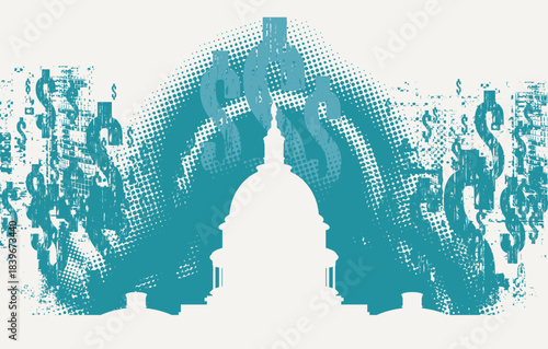 Vector banner on theme of banking, finance and money, tariffs and sanctions with image of US Capitol in Washington in grunge style against the background  dollar signs. No ai