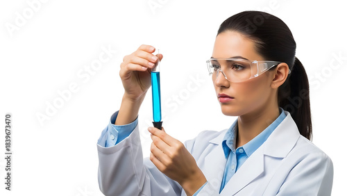 A scientist with focused attention observing a test tube containing blue liquid