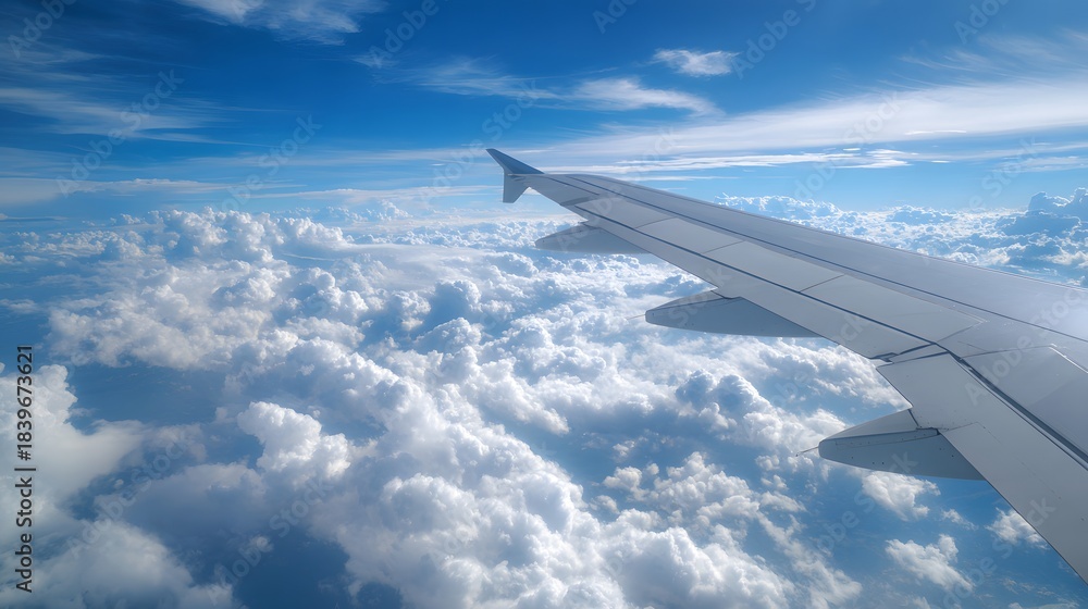 Obraz premium Airplane wing extends over a vast expanse of white cumulus clouds beneath a deep blue sky