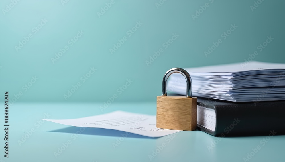 Fototapeta premium Wooden padlock secures stack of papers and book on light desk. Confidential files safeguarded, information protected. Private business documents safe, office privacy concept. Secure data storage.