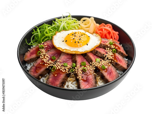Asian beef rice bowl isolated on transparent or white background. PNG
