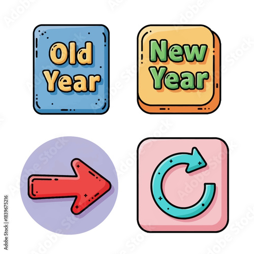 A collection of four cartoon-style icons, including 'Old Year' and 'New Year' labels, a right-pointing arrow, and a circular refresh arrow.