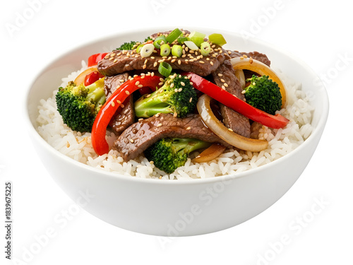 Asian beef rice bowl isolated on transparent or white background. PNG
