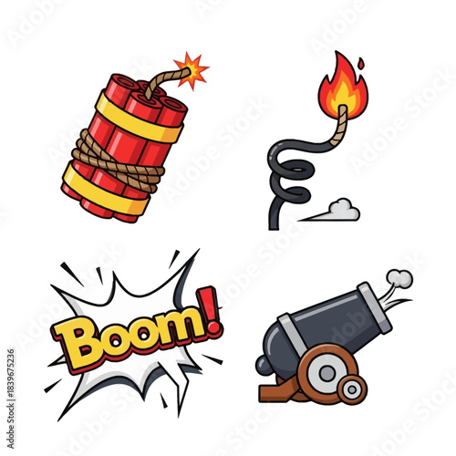 A set of cartoon illustrations featuring dynamite, a lit fuse, a 'Boom!' speech bubble, and a cannon, representing explosions and weaponry.