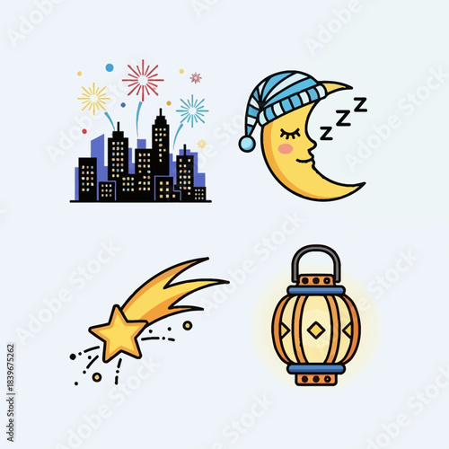 A collection of four festive and nighttime themed icons including a city skyline with fireworks, a sleeping moon, a shooting star, and a decorative lantern.