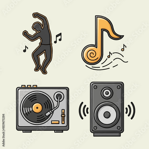 This image depicts various elements of music and dance culture, including a dancer, musical notes, a turntable, and a speaker.