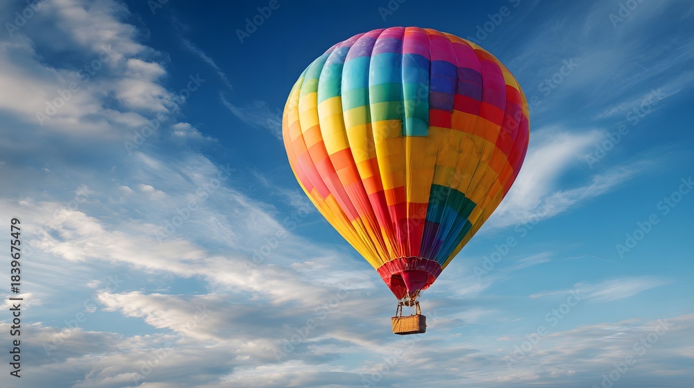 Naklejka premium Vibrant multicolored inflatable aircraft ascends high into the bright blue sky with wispy white clouds.