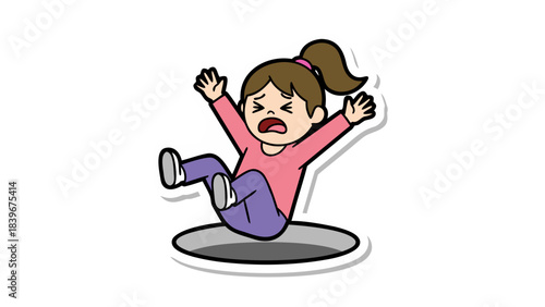 Cartoon Young Girl Falling Into A Black Hole With Arms Outstretched In Distress A Small Girl Wearing A Pink Shirt And Purple Pants With A Ponytail And Worried Expression Trapped In A Dark Void