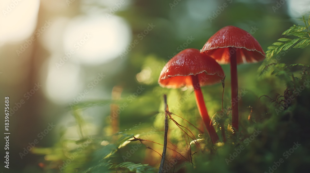 Fototapeta premium Two vibrant red fungi emerge from damp, green forest undergrowth illuminated by soft light