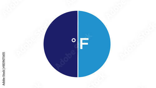 Circular Celsius Fahrenheit Temperature Gauge Divided in Half Dark Blue and Light Blue with Degree Symbol and F Letter on Black Background Representing Weather Measurement and Climate Control